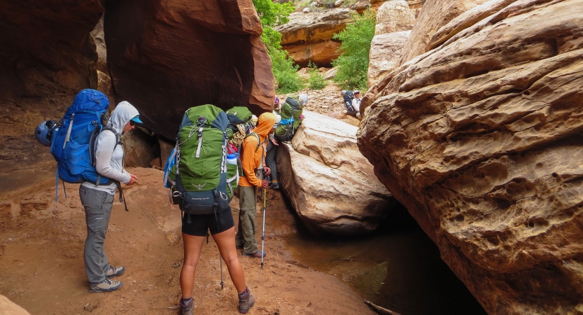 A group of people wearing backpacks hike through a canyon among large boulders.